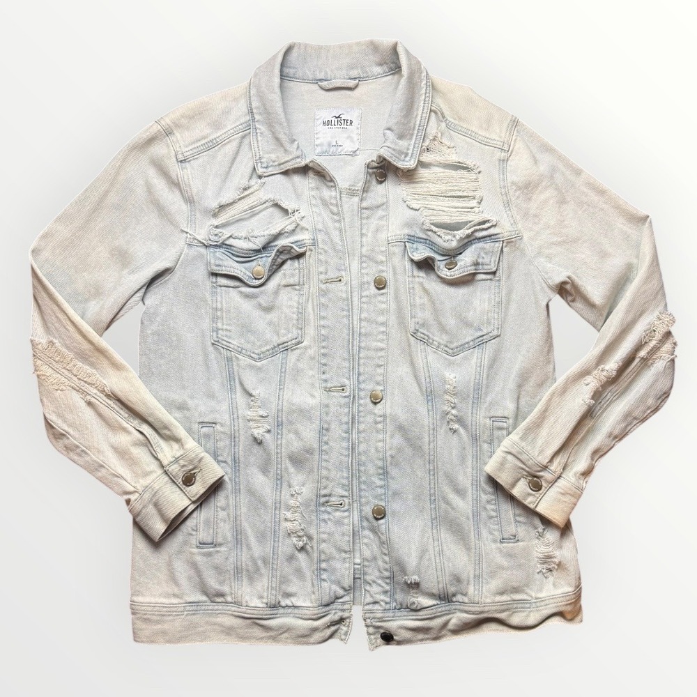Hollister Distressed Denim Jacket Large Light Wash Blue Ripped Trucker Jean Coat